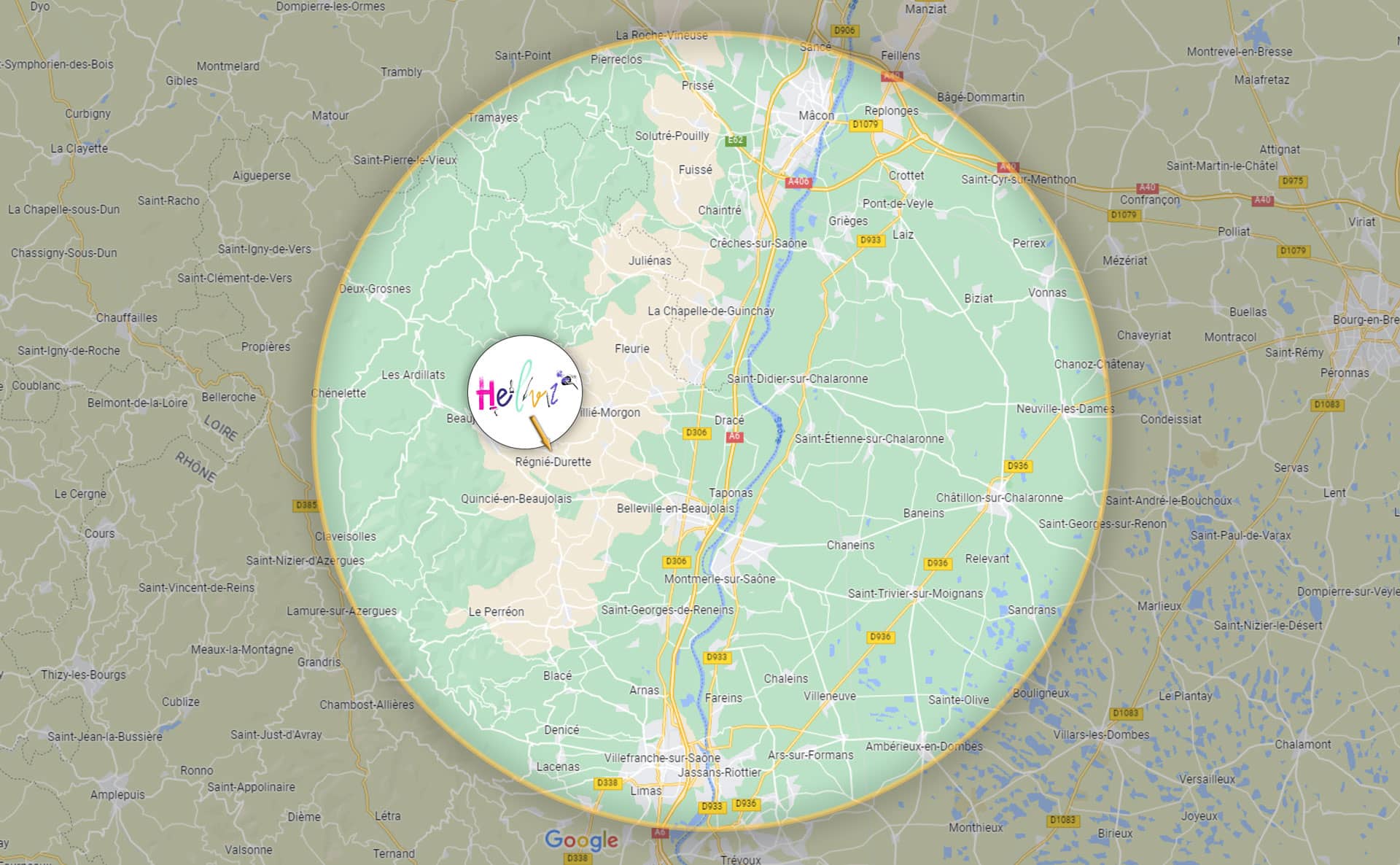Carte indiquant la localisation de Helvi entreprise de peinture dans le Beaujolais